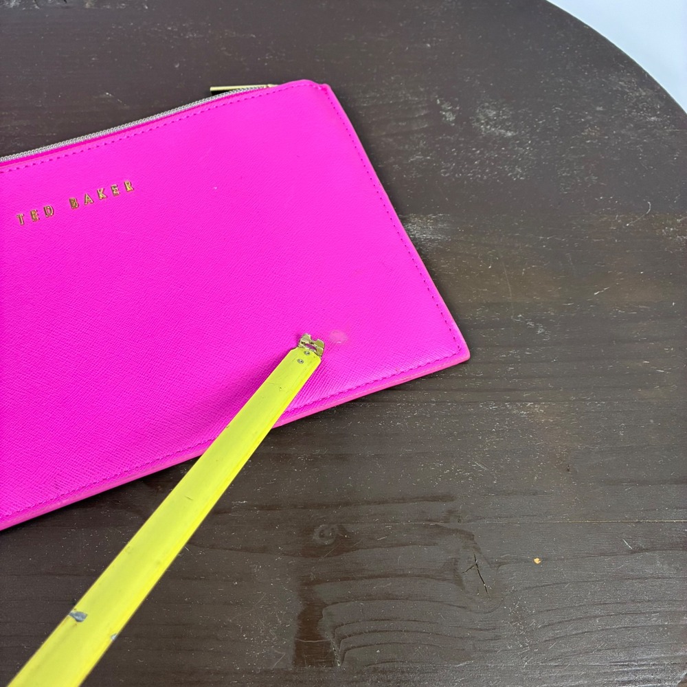 Ted Baker Wristlet Clutch Bag Pink Saffiano Leather Gold Logo Hot Pink Zip - Picture 8 of 9